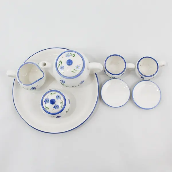 Children's 10 Piece Ceramic Tea Set White Blue Trim Floral Pattern