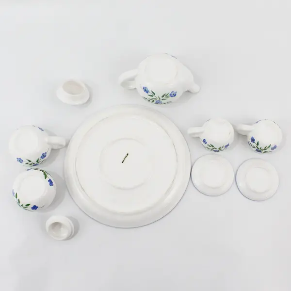 Children's 10 Piece Ceramic Tea Set White Blue Trim Floral Pattern