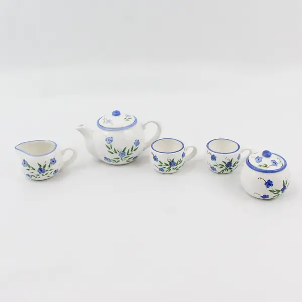 Children's 10 Piece Ceramic Tea Set White Blue Trim Floral Pattern