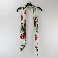 Janeville Pink and Red Rose Print White Skinny Silk Scarf 72"