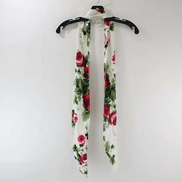Janeville Pink and Red Rose Print White Skinny Silk Scarf 72"