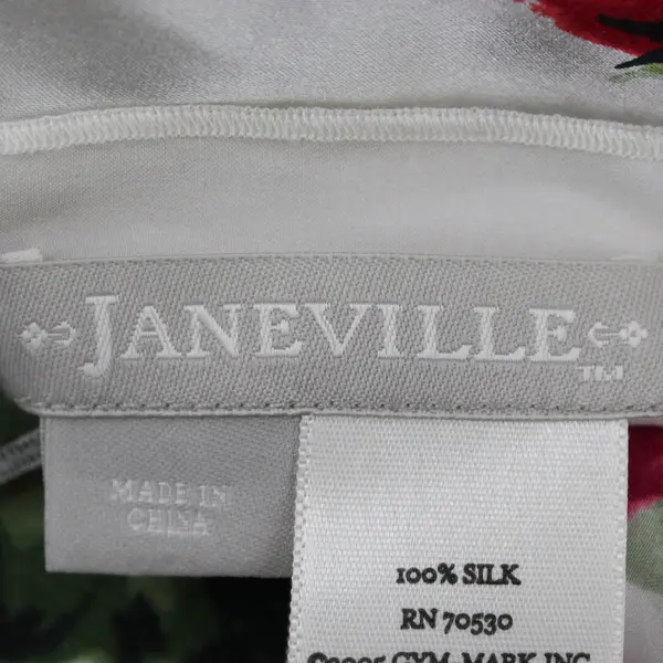 Janeville Pink and Red Rose Print White Skinny Silk Scarf 72"