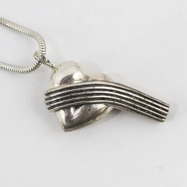 Vintage 925 Sterling Silver Heart Whistle Pendant Necklace 29"