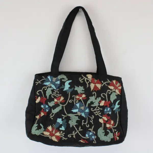 Small Floral Embroidered Black Handbag 9"