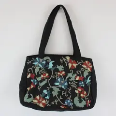 Small Floral Embroidered Black Handbag 9"