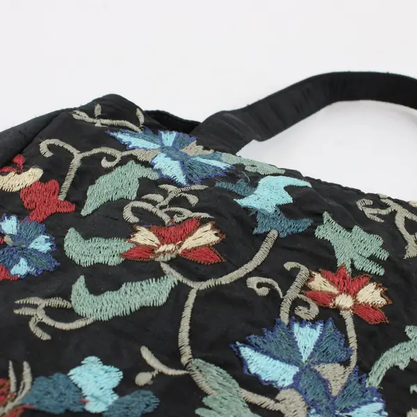 Small Floral Embroidered Black Handbag 9"