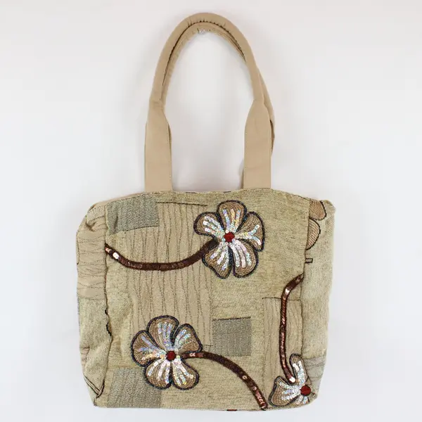 Beige Beaded Floral Shoulder Bag Purse