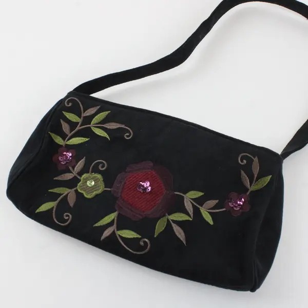 Target Small Floral Embroidered Sequined Black Handbag 8.5"