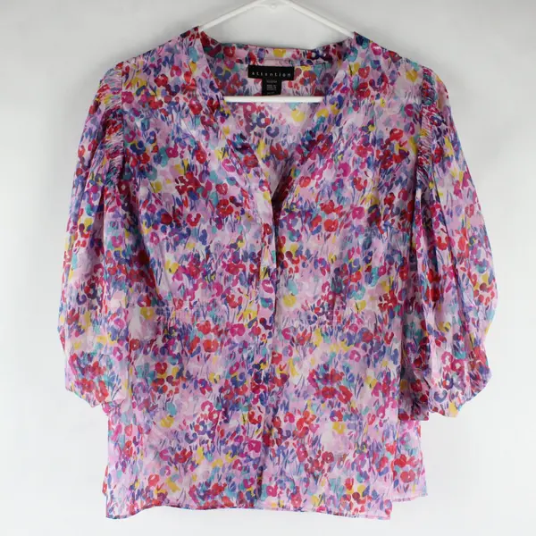 Attention Women's M Sheer Multicolor Floral Blouse V-Neck