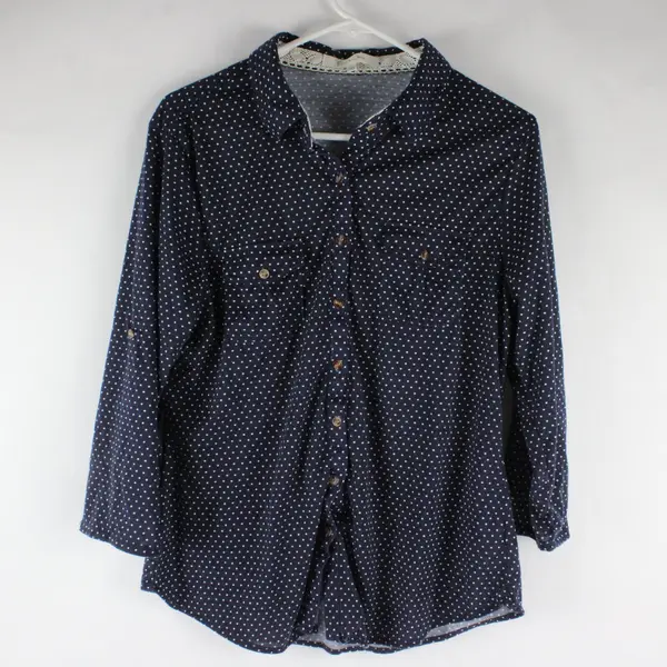 Eden & Olivia White Polka Dot Navy Blue 3/4-Sleeve Button-Up Women's Large
