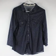 Eden & Olivia White Polka Dot Navy Blue 3/4-Sleeve Button-Up Women's Large