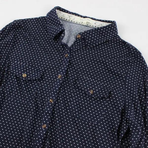 Eden & Olivia White Polka Dot Navy Blue 3/4-Sleeve Button-Up Women's Large