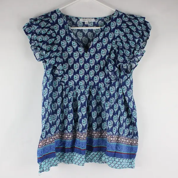 Rose + Olive Turquoise and Blue Patterned Ruffle Sleeve Top Women's Medium