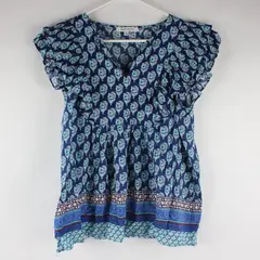 Rose + Olive Turquoise and Blue Patterned Ruffle Sleeve Top Women's Medium