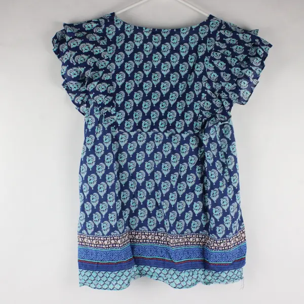 Rose + Olive Turquoise and Blue Patterned Ruffle Sleeve Top Women's Medium