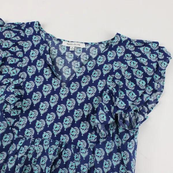 Rose + Olive Turquoise and Blue Patterned Ruffle Sleeve Top Women's Medium