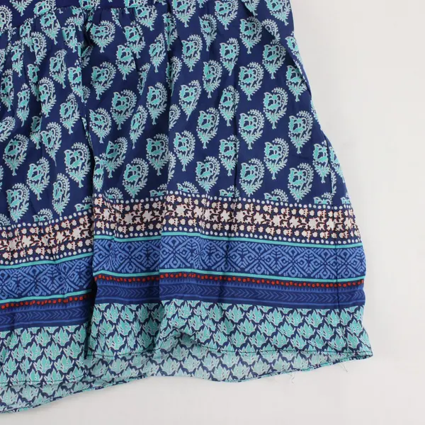 Rose + Olive Turquoise and Blue Patterned Ruffle Sleeve Top Women's Medium