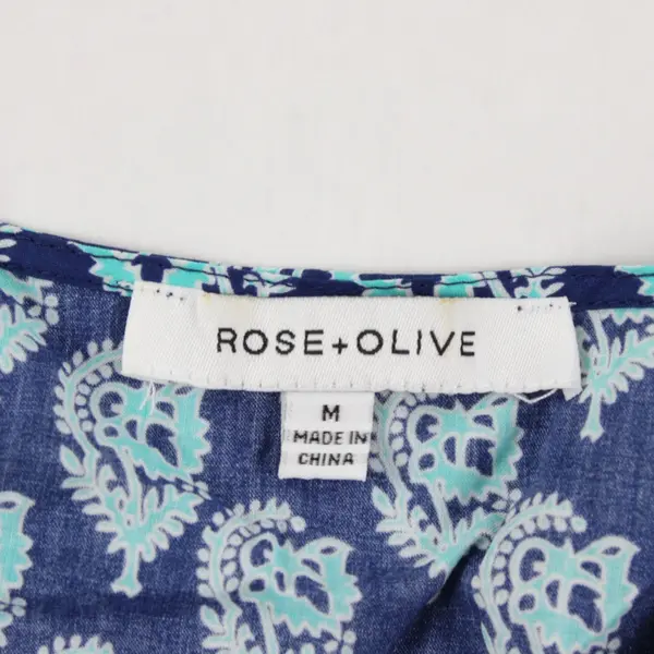 Rose + Olive Turquoise and Blue Patterned Ruffle Sleeve Top Women's Medium