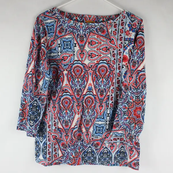 Ruby Rd Blue and Coral Paisley Print Bedazzled 3/4-Sleeve Top Women's Medium