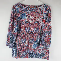 Ruby Rd Blue and Coral Paisley Print Bedazzled 3/4-Sleeve Top Women's Medium