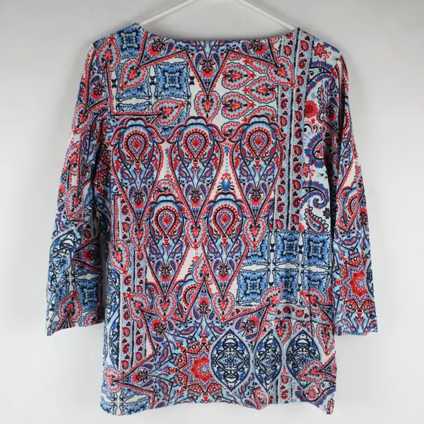 Ruby Rd Blue and Coral Paisley Print Bedazzled 3/4-Sleeve Top Women's Medium