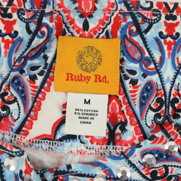 Ruby Rd Blue and Coral Paisley Print Bedazzled 3/4-Sleeve Top Women's Medium