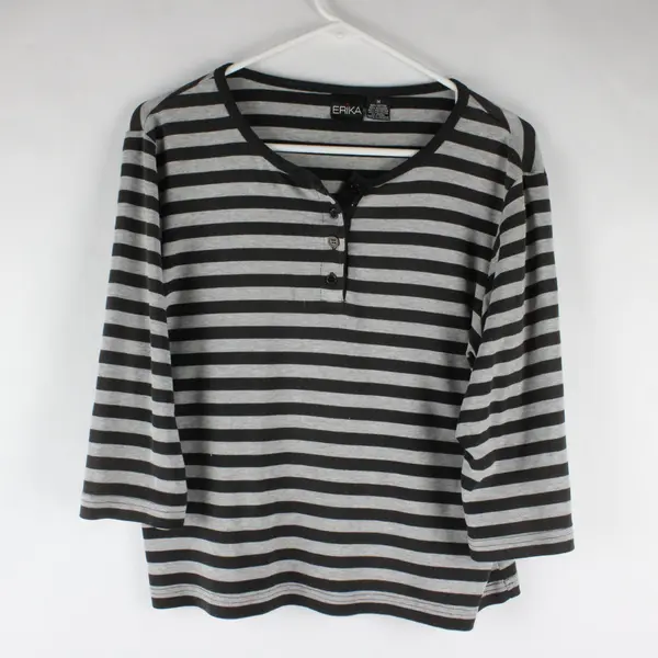 Erika Womens Gray Black Striped 3/4 Sleeve Shirt Size M