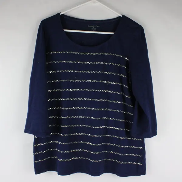 Coldwater Creek Blue 3/4 Sleeve Sequin Stripe Cotton Shirt M 10-12