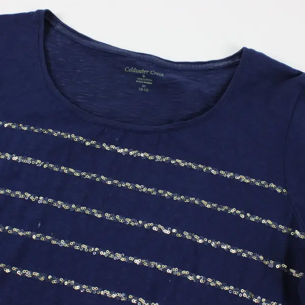 Coldwater Creek Blue 3/4 Sleeve Sequin Stripe Cotton Shirt M 10-12