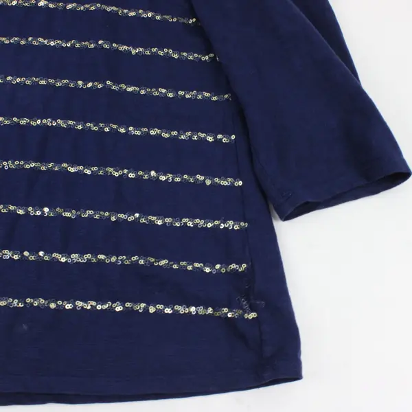 Coldwater Creek Blue 3/4 Sleeve Sequin Stripe Cotton Shirt M 10-12