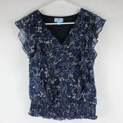 CeCe Blue Floral Pattern V-Neck Ruffled Top Women's Medium