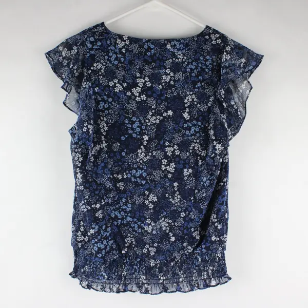 CeCe Blue Floral Pattern V-Neck Ruffled Top Women's Medium