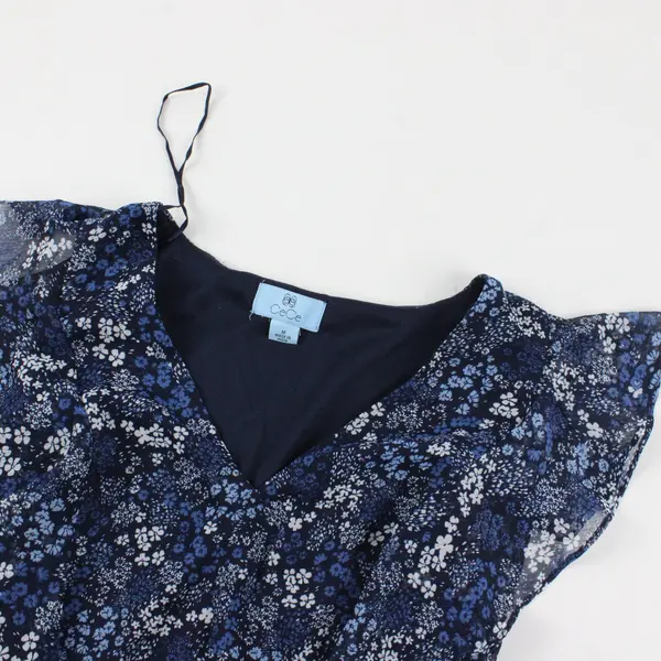 CeCe Blue Floral Pattern V-Neck Ruffled Top Women's Medium