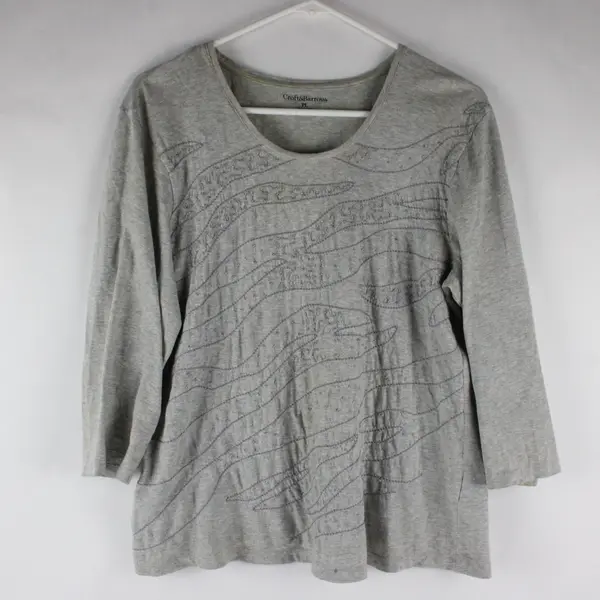 Croft & Barrow Women's Petite PL Gray Beaded Cotton 3/4 Sleeve Shirt