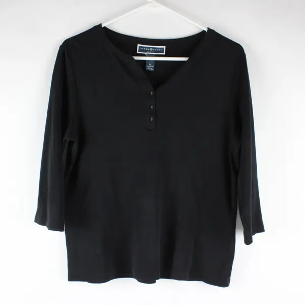 Karen Scott Black Solid 3/4 Sleeve Cotton Shirt Petite PL Women