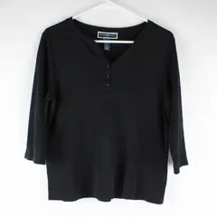 Karen Scott Black Solid 3/4 Sleeve Cotton Shirt Petite PL Women