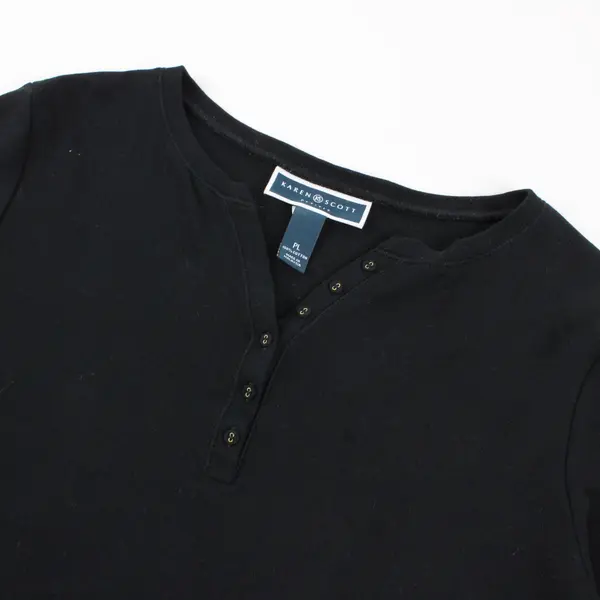 Karen Scott Black Solid 3/4 Sleeve Cotton Shirt Petite PL Women
