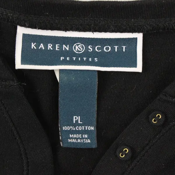 Karen Scott Black Solid 3/4 Sleeve Cotton Shirt Petite PL Women