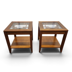 Pair of Wood Glass Top End Tables w/ Lower Shelf - Local Pickup Only