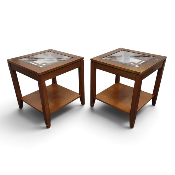 Pair of Wood Glass Top End Tables w/ Lower Shelf - Local Pickup Only
