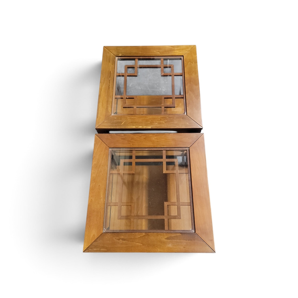 Pair of Wood Glass Top End Tables w/ Lower Shelf - Local Pickup Only