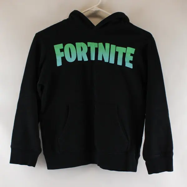 Boys Black Fortnite Green and Blue Logo Hooded Sweatshirt Size L (10/12)