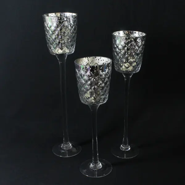 3 Piece Galore Home Tall Graduated Size Silver Glass Votive Candle Holder Set