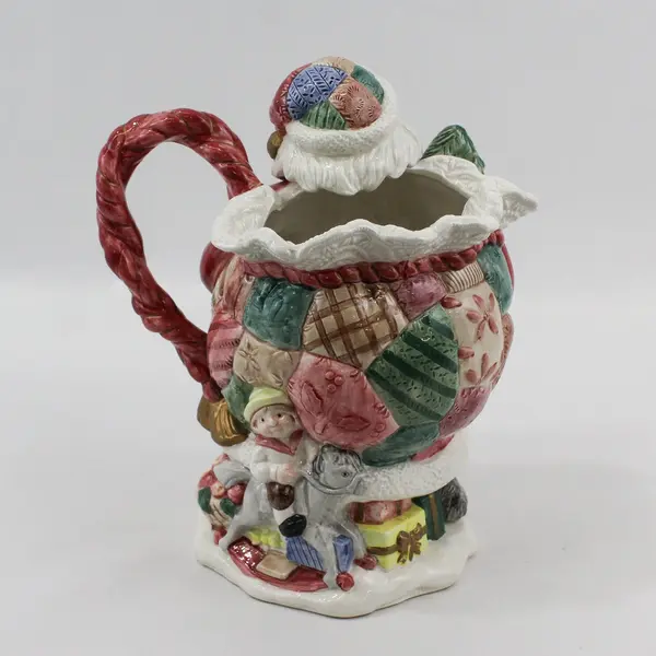 1992 Fitz And Floyd 2 Quart Christmas Quilt Santa Pitcher