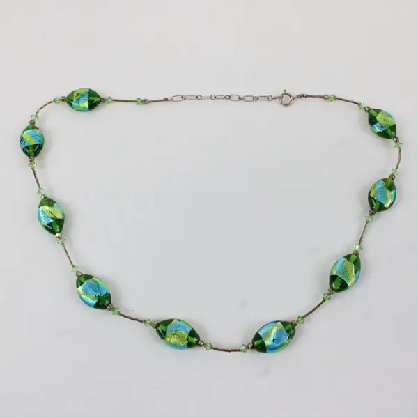 Blue and Green Art Glass Station Necklace 19"