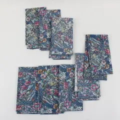 Lot of 8 matching homemade Fabric Napkins, floral design blue background 