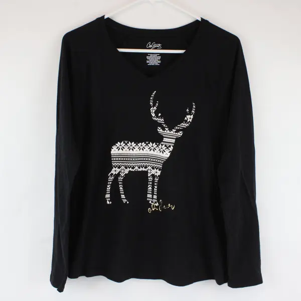 City Streets Womens Small Black Long Sleeve V-Neck Reindeer Graphic Tee