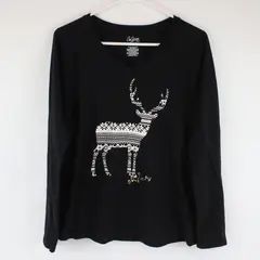 City Streets Womens Small Black Long Sleeve V-Neck Reindeer Graphic Tee