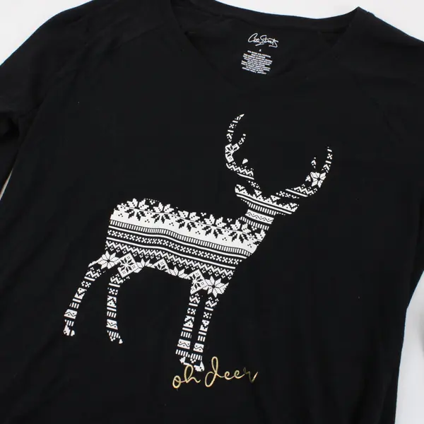 City Streets Womens Small Black Long Sleeve V-Neck Reindeer Graphic Tee