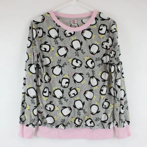 Holiday Time Women's Sleep Shirt Pajama Top Fleece Penguin Pink Gray, Size S